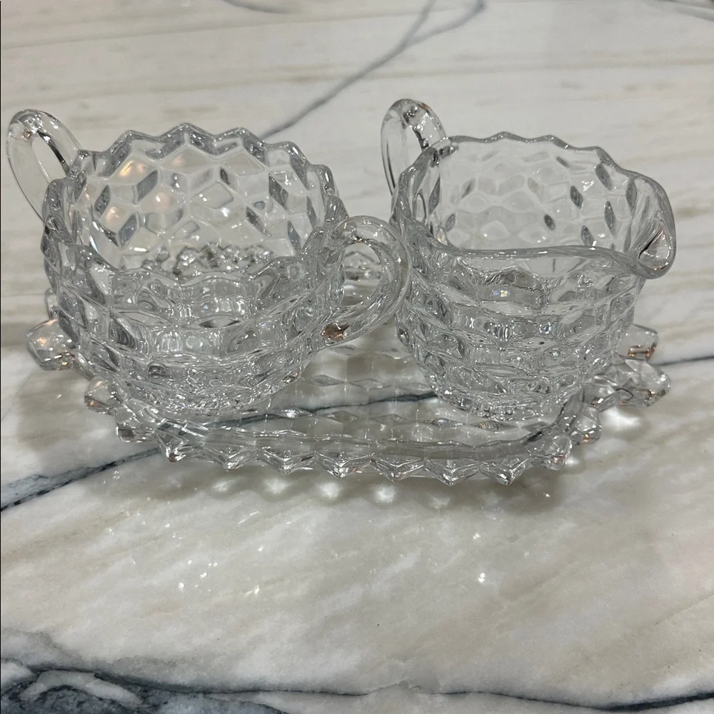 Fostoria American Cube Creamer Sugar Bowl on Tray Vintage Glass 1920-1940